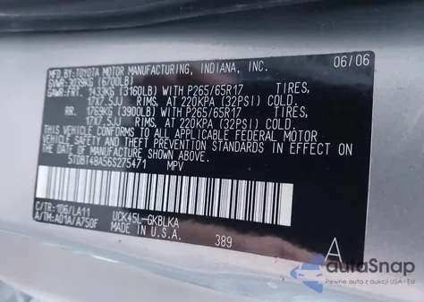 2006 Toyota Sequoia Limited V8 z USA, uszkodzony, nr VIN 5TDBT48A56S275471